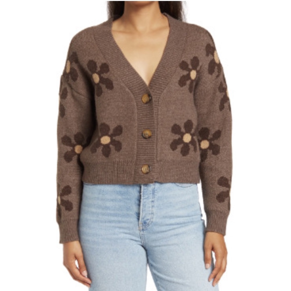 T Tahari Crop Cardigan Sweater Womens L Brown Daisy Slouchy Cozy Soft Buttons